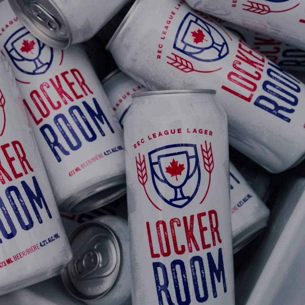 Lots of cans of Locker Room Lager in a cooler.