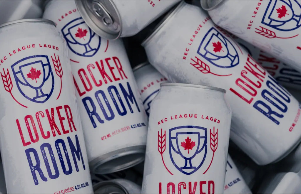 Lots of cans of Locker Room Lager in a cooler